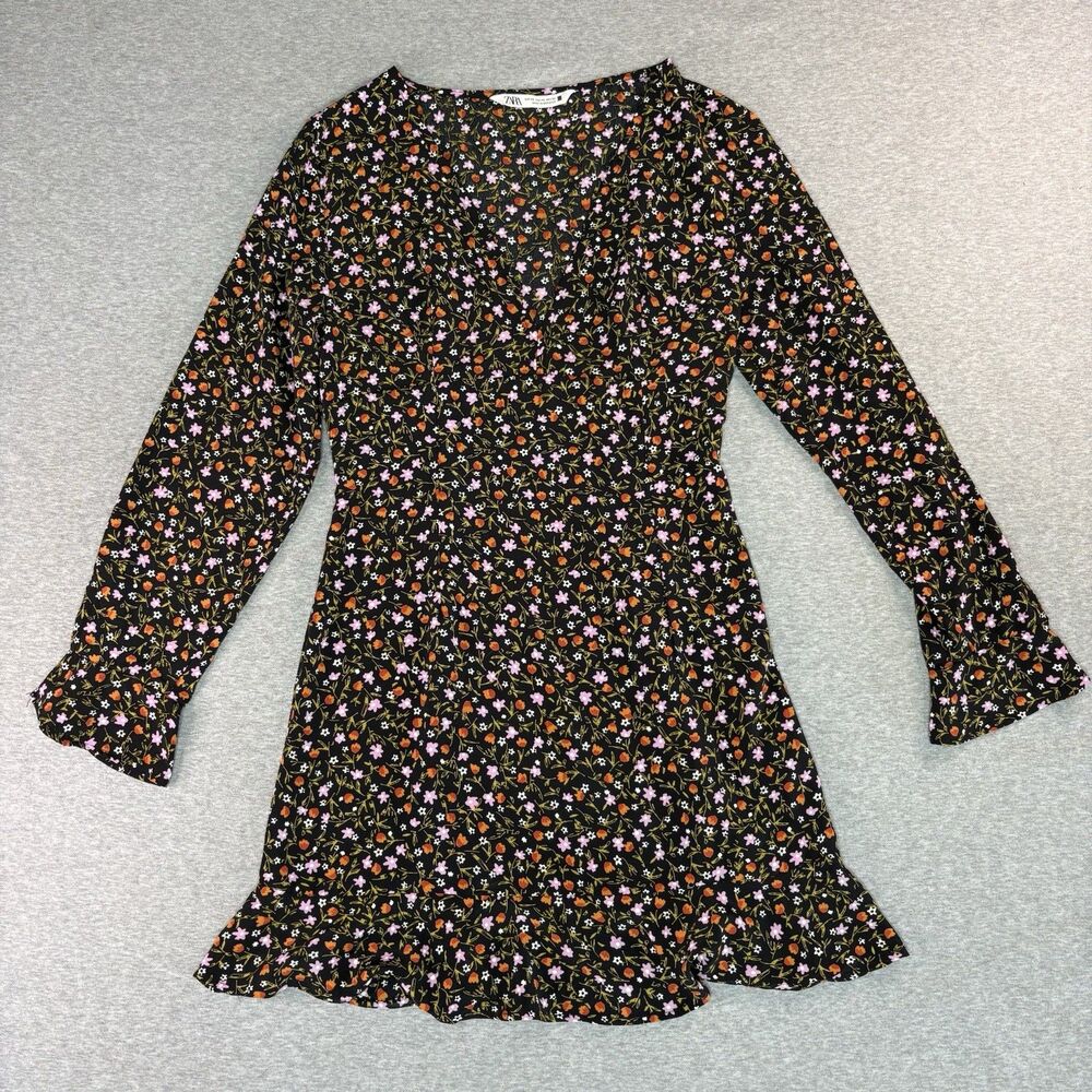 Zara XS Floral Mini Dress V Neck Long Sleeve Cottagecore Prairie Ruffle Hem